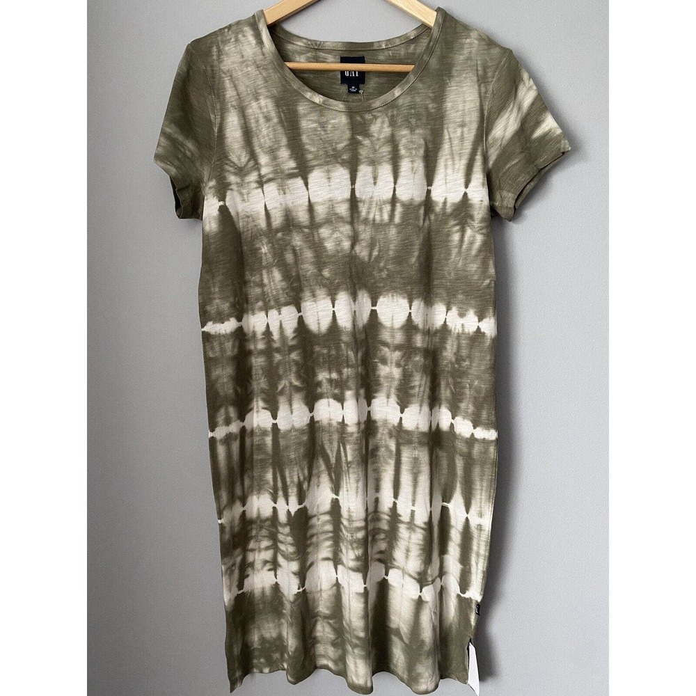 NWT! GAP Olive Green White Tie-Dye Cotton T-Shirt Dress Size Medium $59
